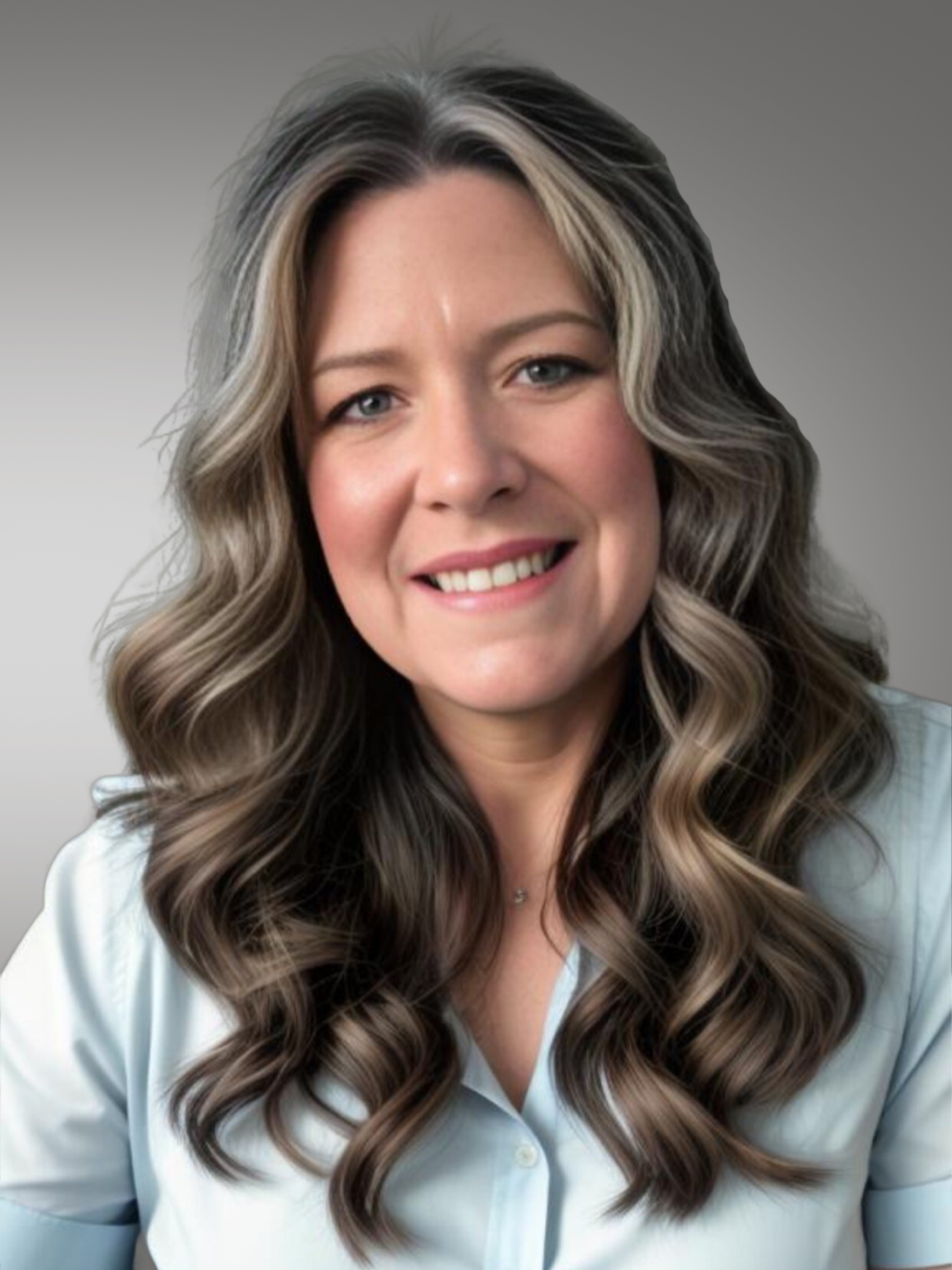 A woman with long hair and a white shirt.