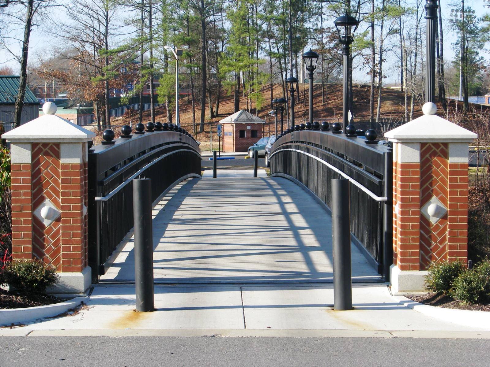 A bridge with railings and railing on each side.