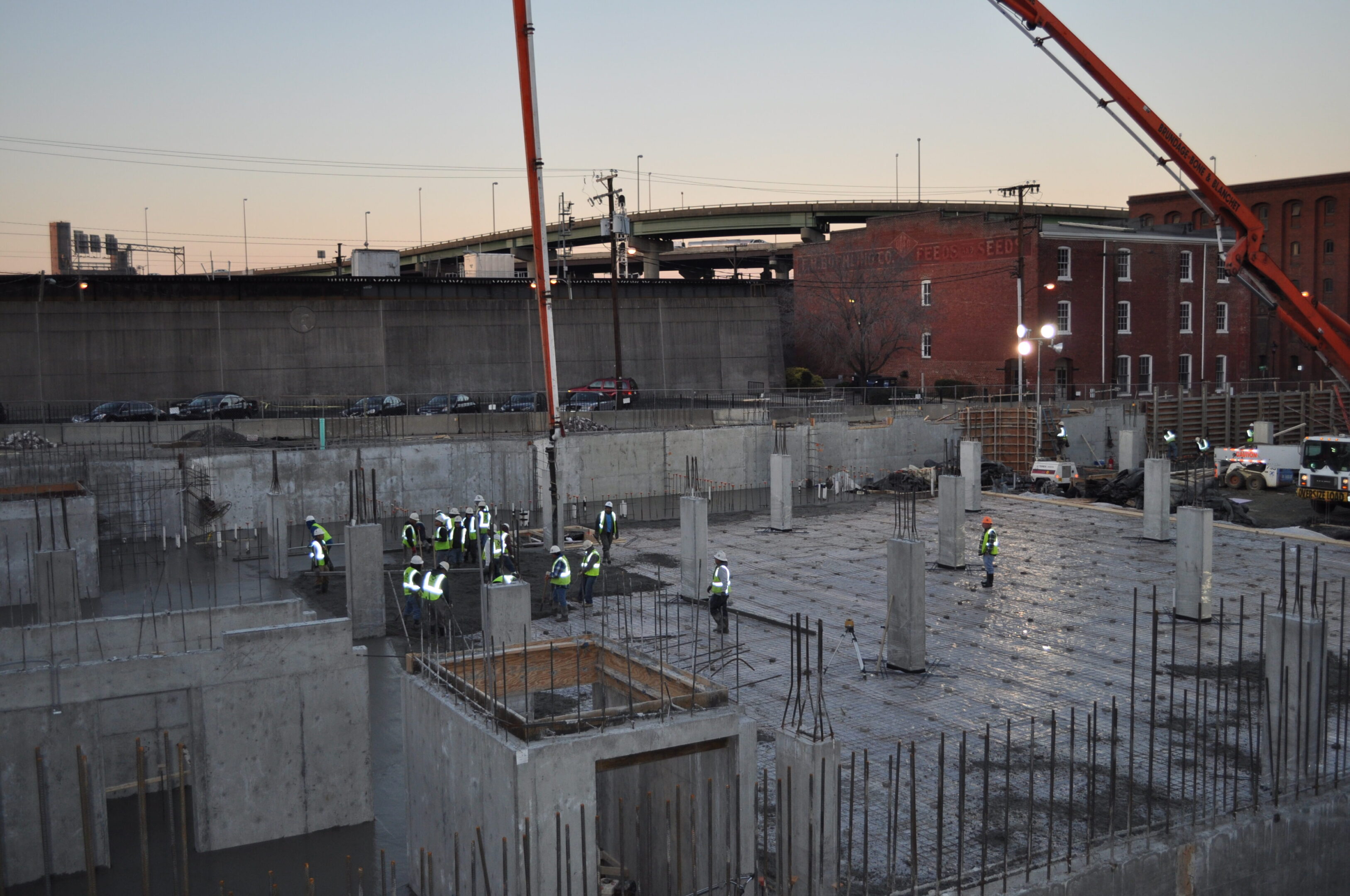 A construction site with concrete and steel